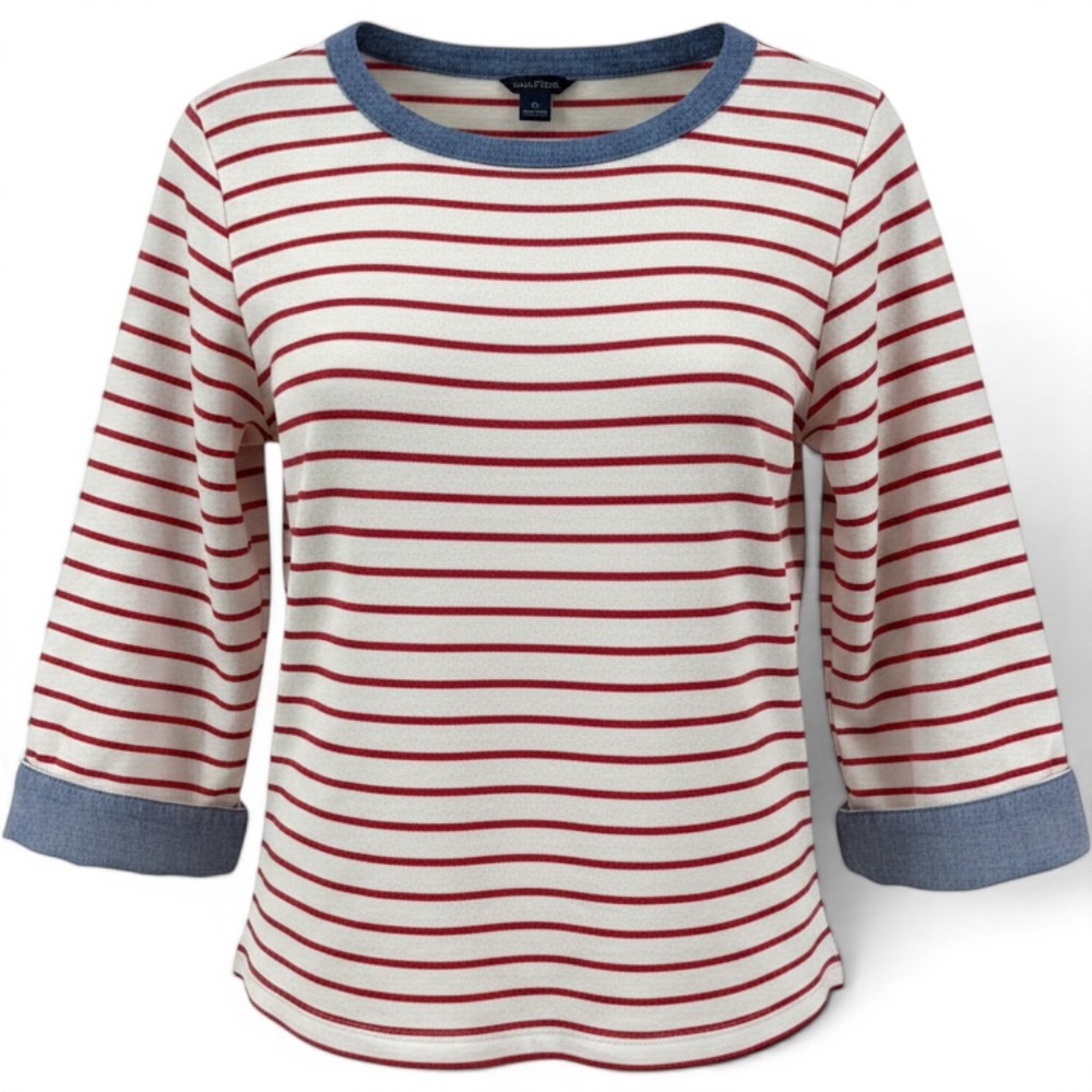 Nautica Womens XL Red White Striped 3/4 Sleeve Top Chambray Trim Coastal Preppy